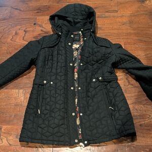 Weatherproof Quilted Black Puffer Coat with Floral Lining